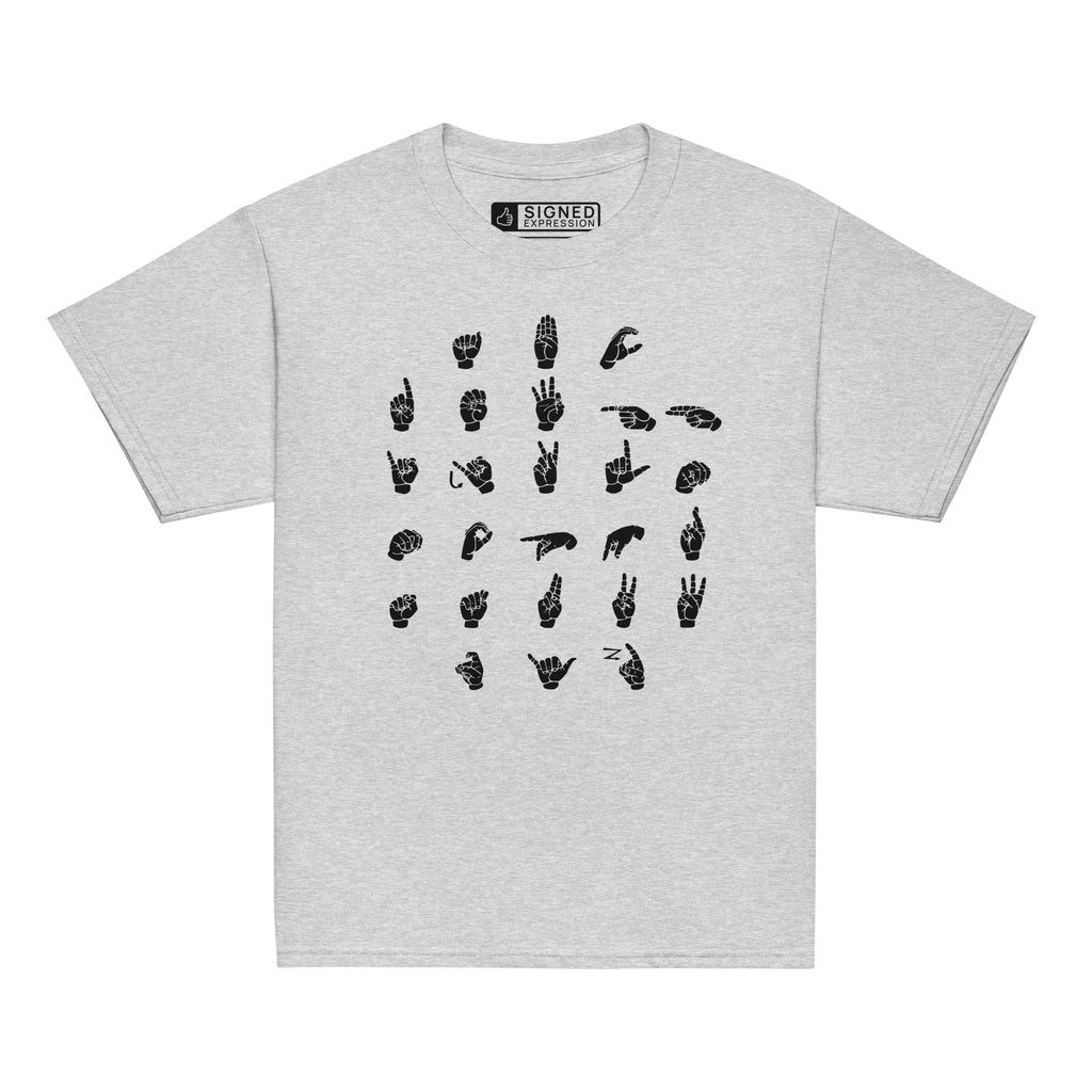 Front view of a sport grey t-shirt with ASL Alphabet - Black Fingerspelling