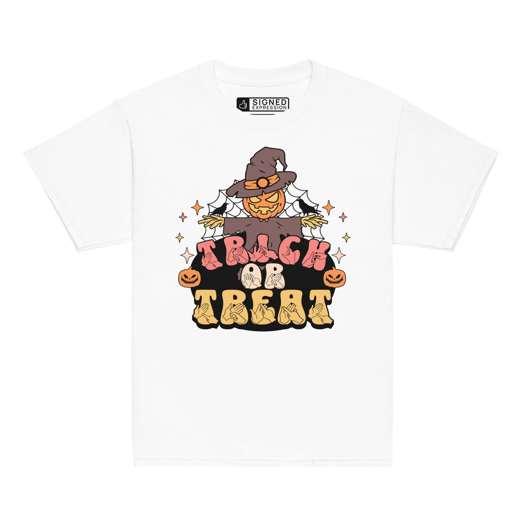 White coloured kids Halloween scarecrow trick or treat t-shirt with BSL design.