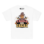 White coloured kids Halloween scarecrow trick or treat t-shirt with BSL design.