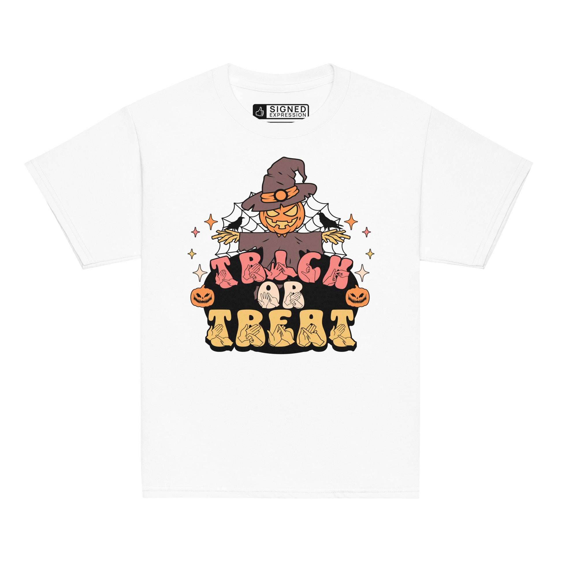 White coloured kids Halloween scarecrow trick or treat t-shirt with BSL design.