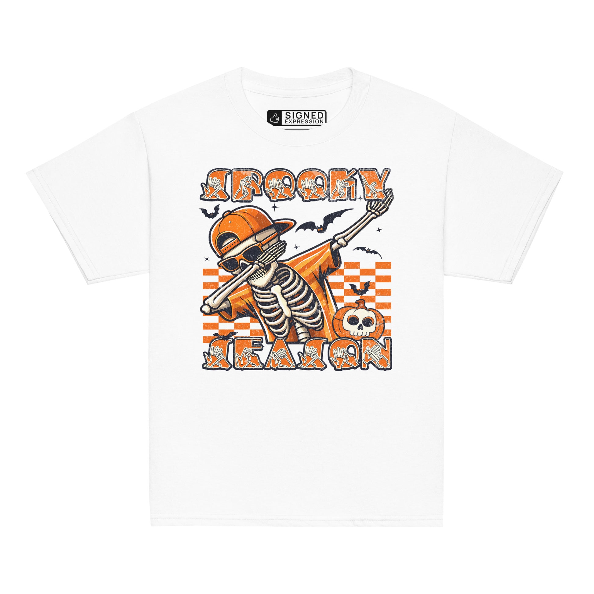 White coloured Kids Halloween skeleton dab t-shirt with BSL spooky season design.