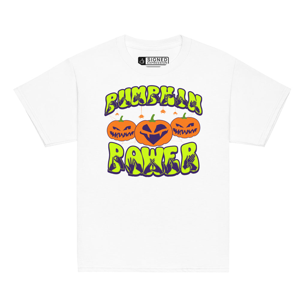 White coloured kids pumpkin power Halloween t-shirt with BSL design.