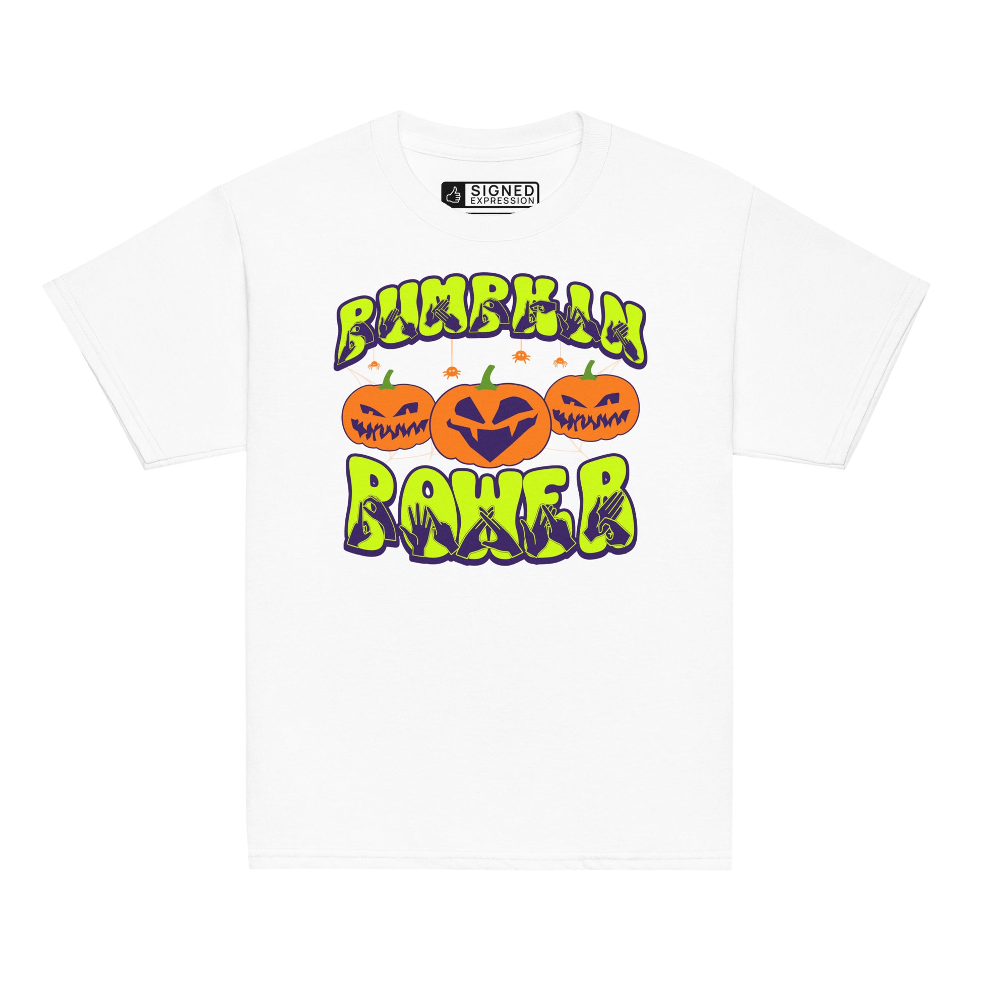 White coloured kids pumpkin power Halloween t-shirt with BSL design.