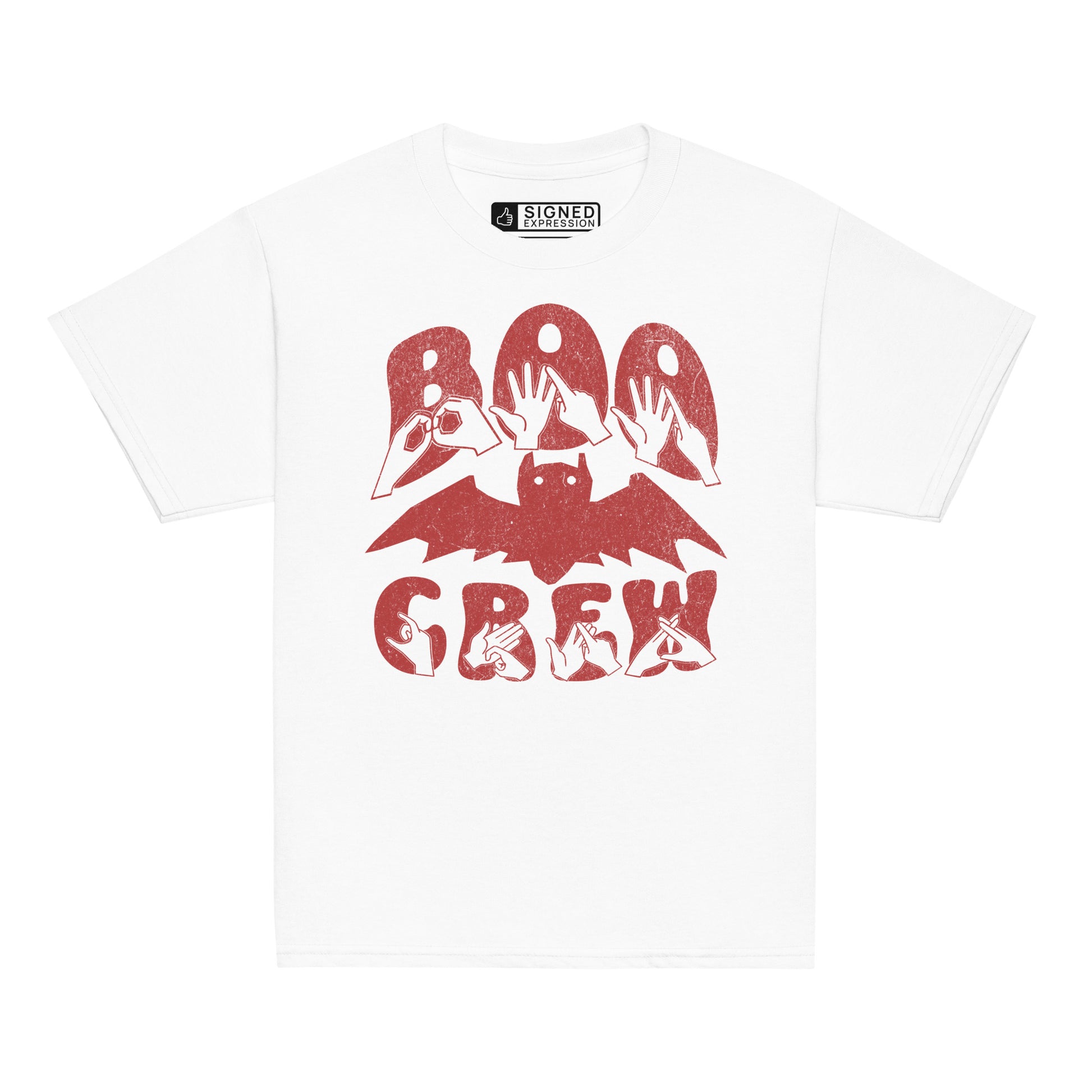 White coloured kids Boo Crew bat Halloween t-shirt with BSL design.
