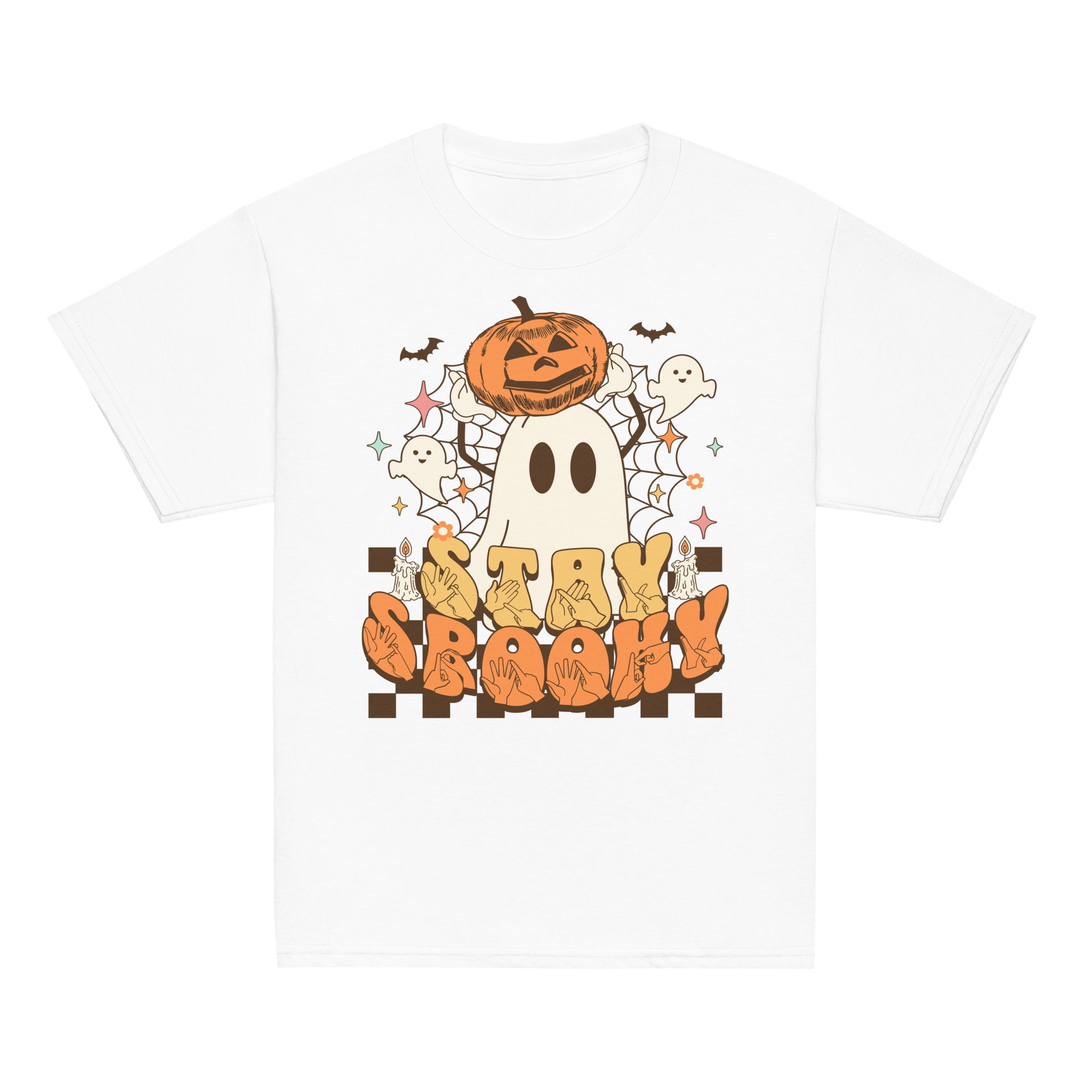 White coloured kids Stay Spooky ghost pumpkin Halloween t-shirt with BSL design.