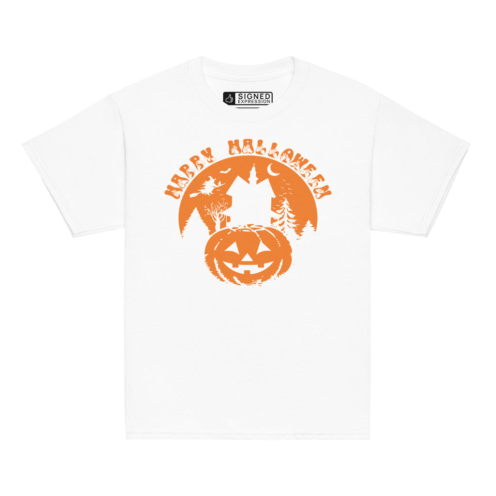 White coloured kids Happy Halloween pumpkin haunted house t-shirt with BSL design.
