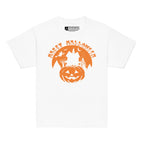White coloured kids Happy Halloween pumpkin haunted house t-shirt with BSL design.