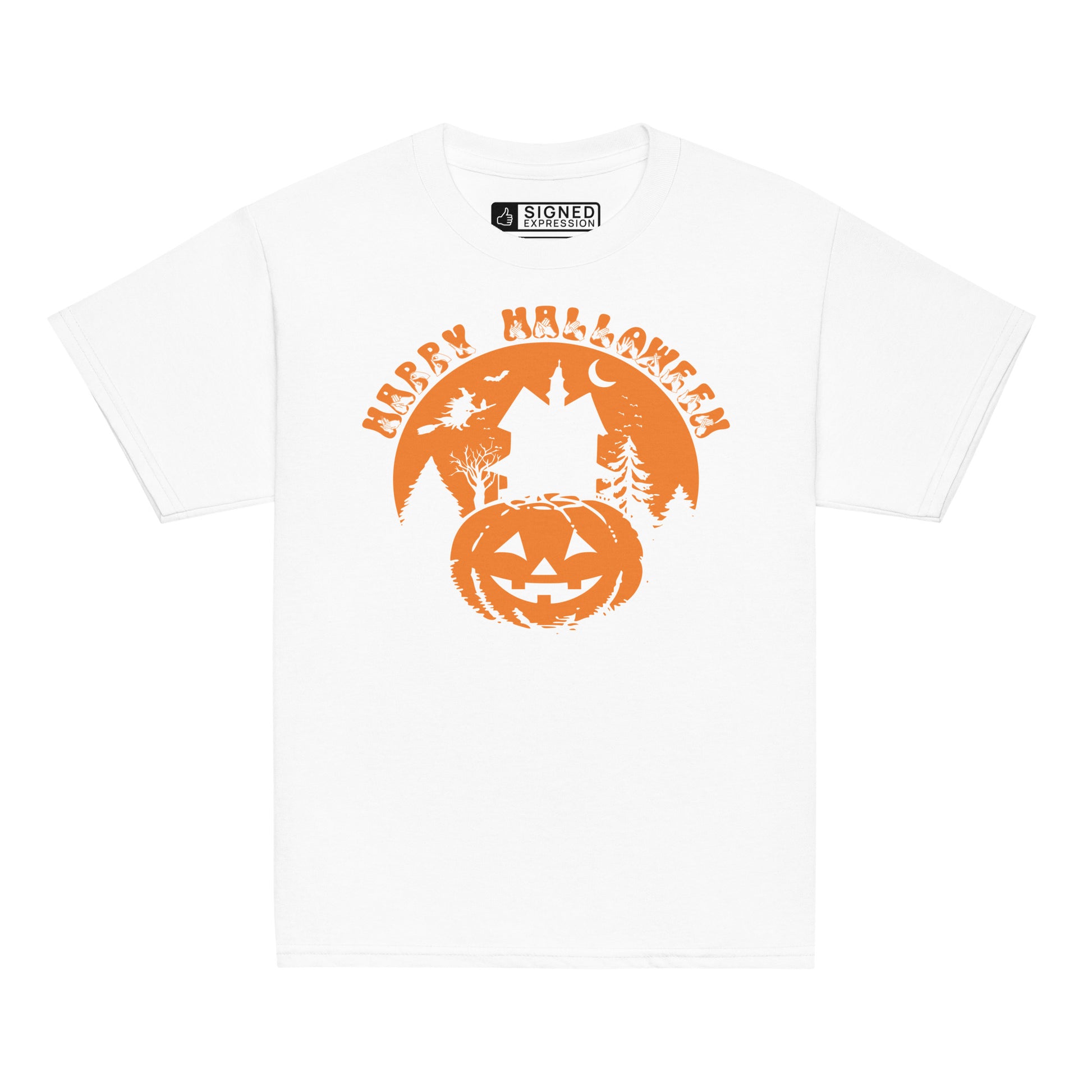 White coloured kids Happy Halloween pumpkin haunted house t-shirt with BSL design.