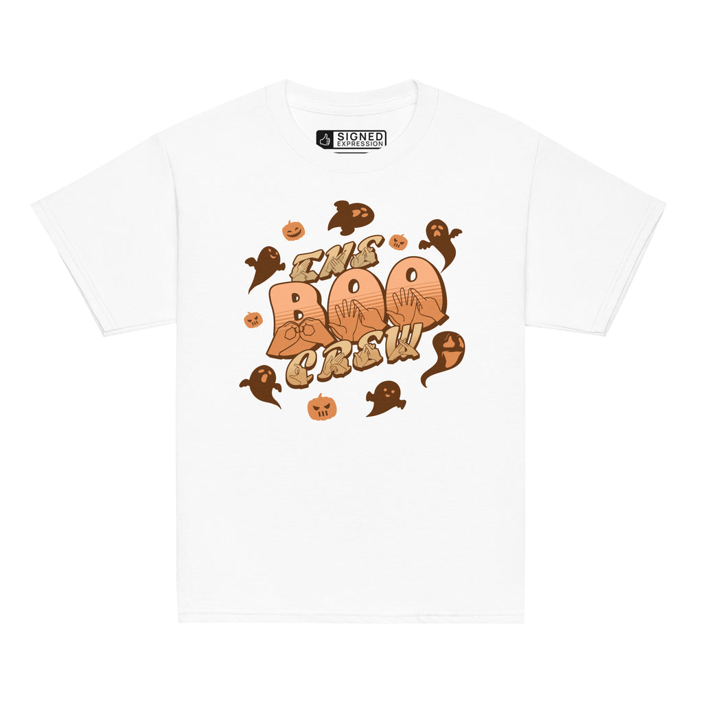 White coloured kids Boo Crew Halloween t-shirt with pumpkins, ghosts, and BSL design.
