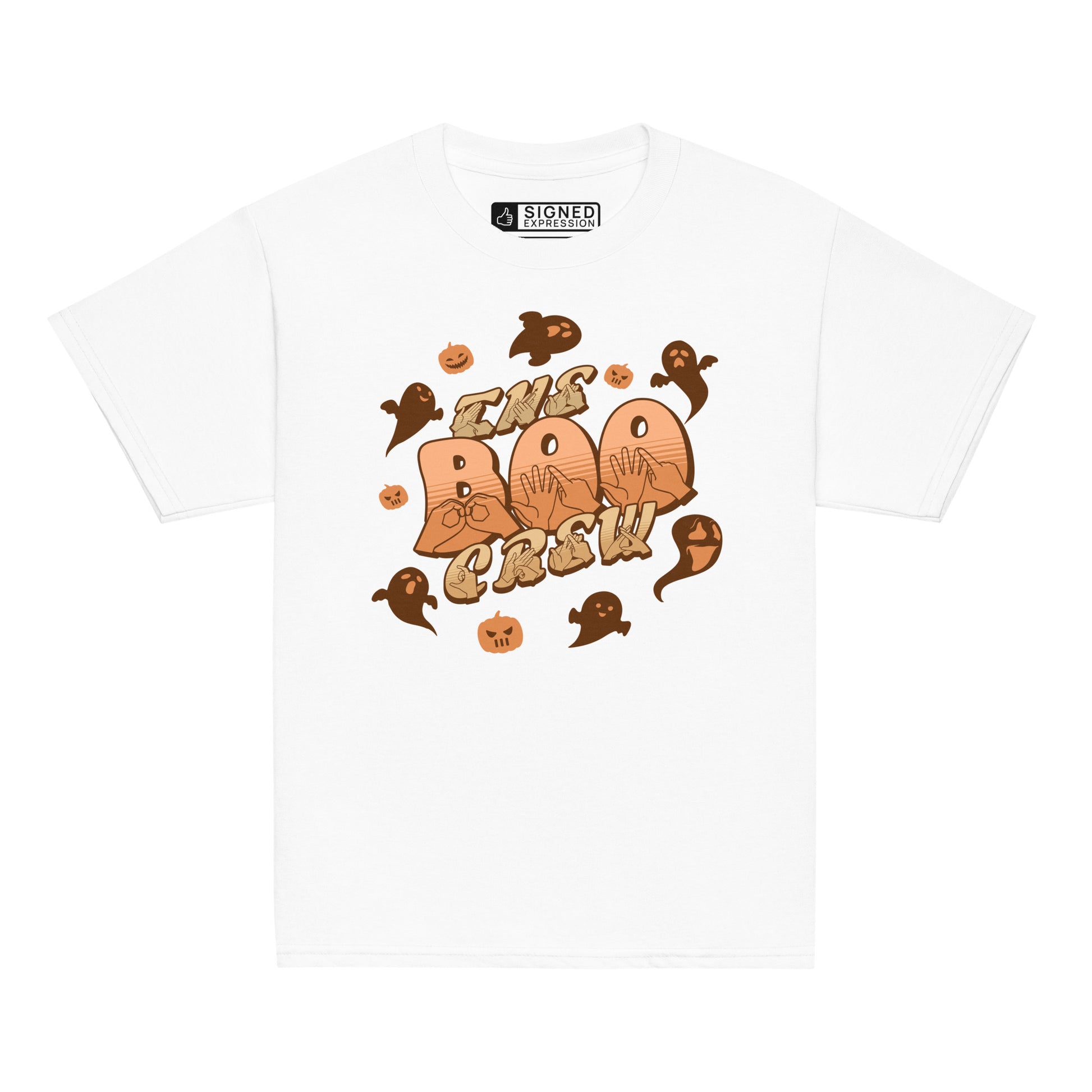 White coloured kids Boo Crew Halloween t-shirt with pumpkins, ghosts, and BSL design.