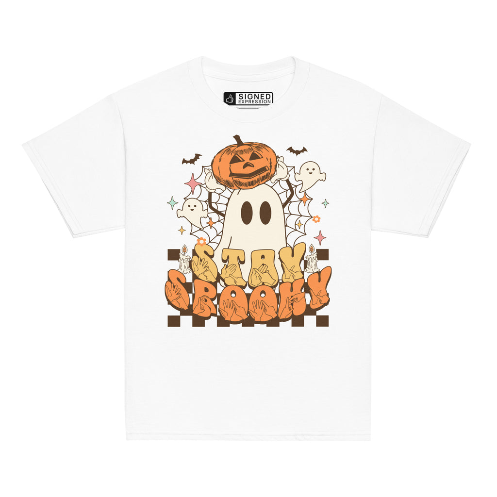 White coloured kids Stay Spooky ghost pumpkin Halloween t-shirt with BSL design.