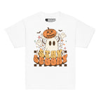 White coloured kids Stay Spooky ghost pumpkin Halloween t-shirt with BSL design.