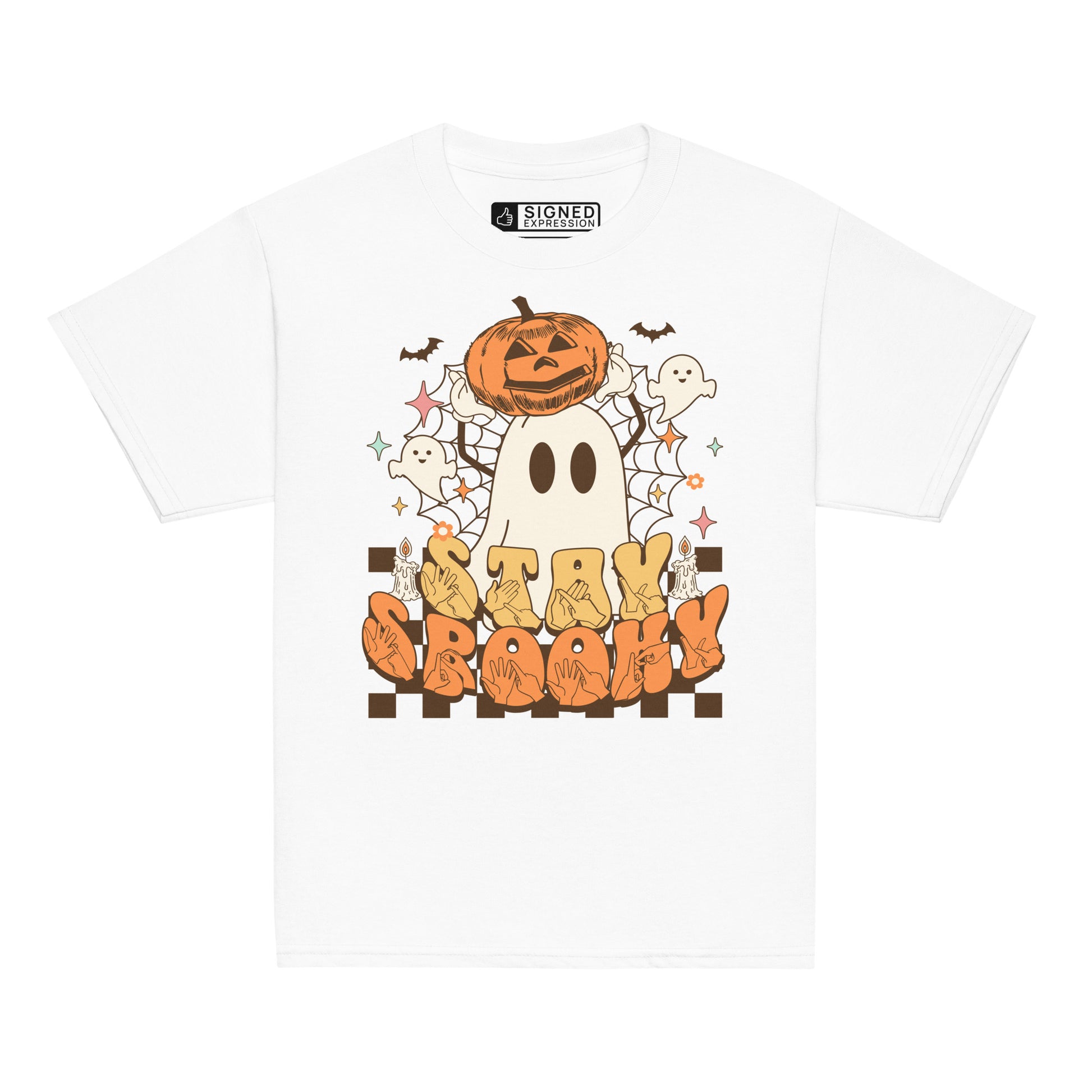 White coloured kids Stay Spooky ghost pumpkin Halloween t-shirt with BSL design.