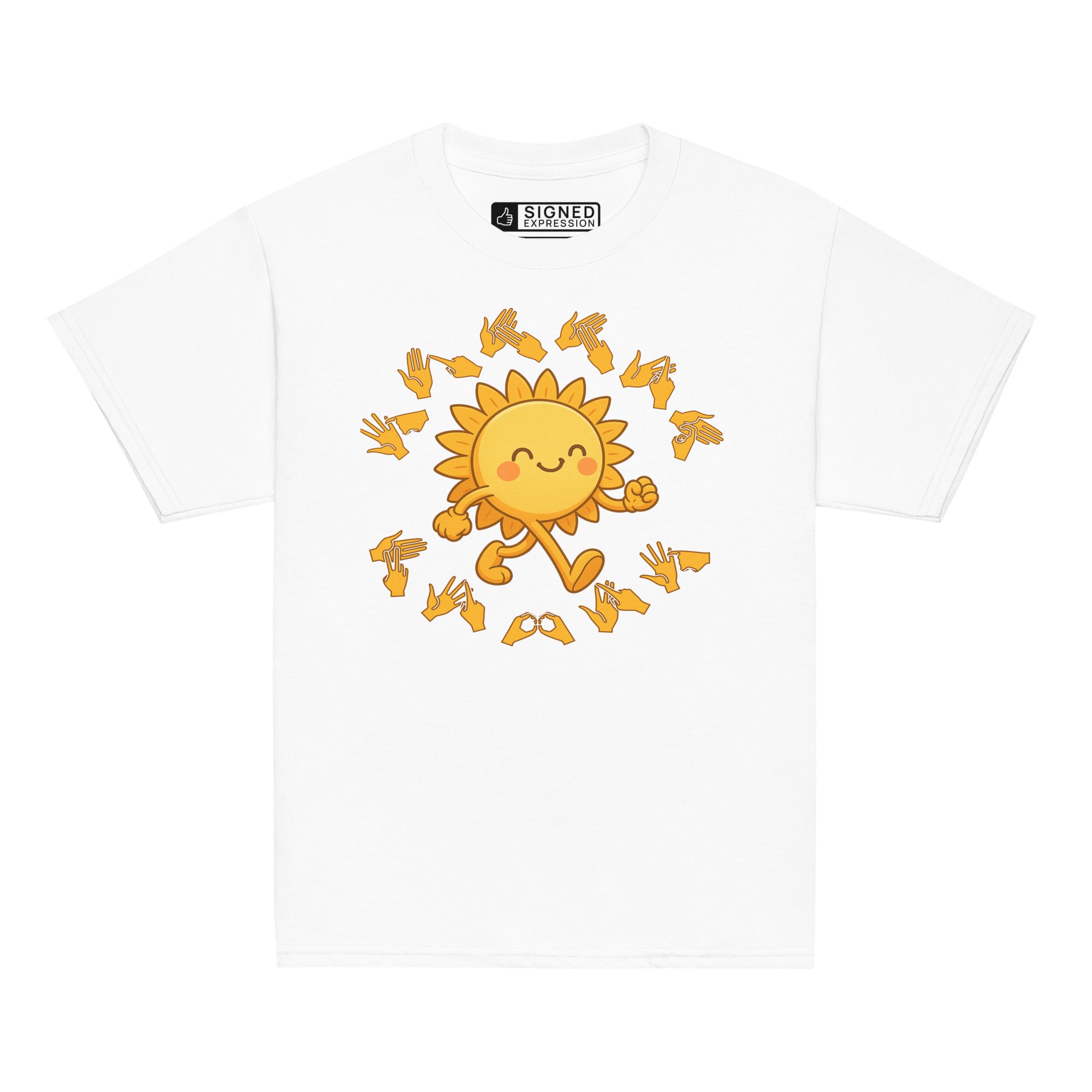 White kids' t-shirt with a cheerful sunshine character and the phrase "summer vibes" in bold BSL fingerspelling handshapes, in a lightly textured style.