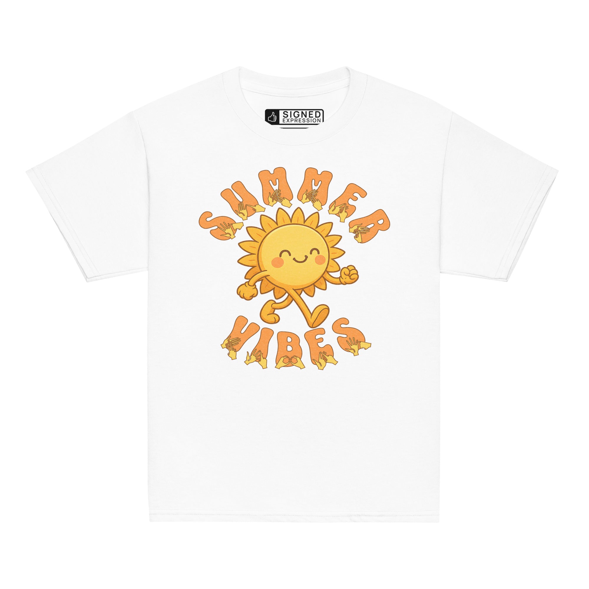 White kids’ t-shirt with a smiling cartoon sunshine and the phrase “summer vibes” in bold textured font, each letter showing British Sign Language fingerspelling underneath.