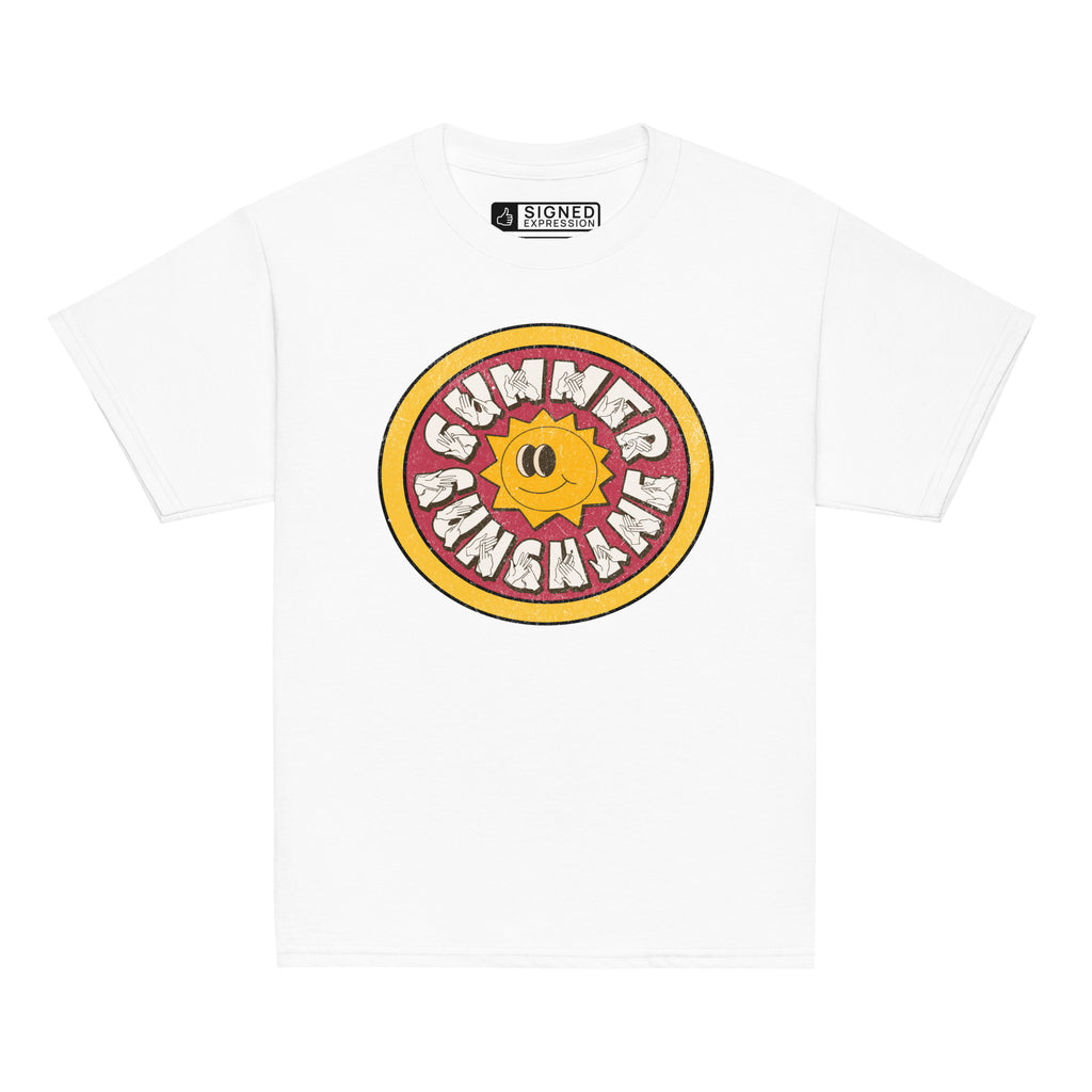 White t-shirt with a sun graphic and 'Summer Sunshine' text