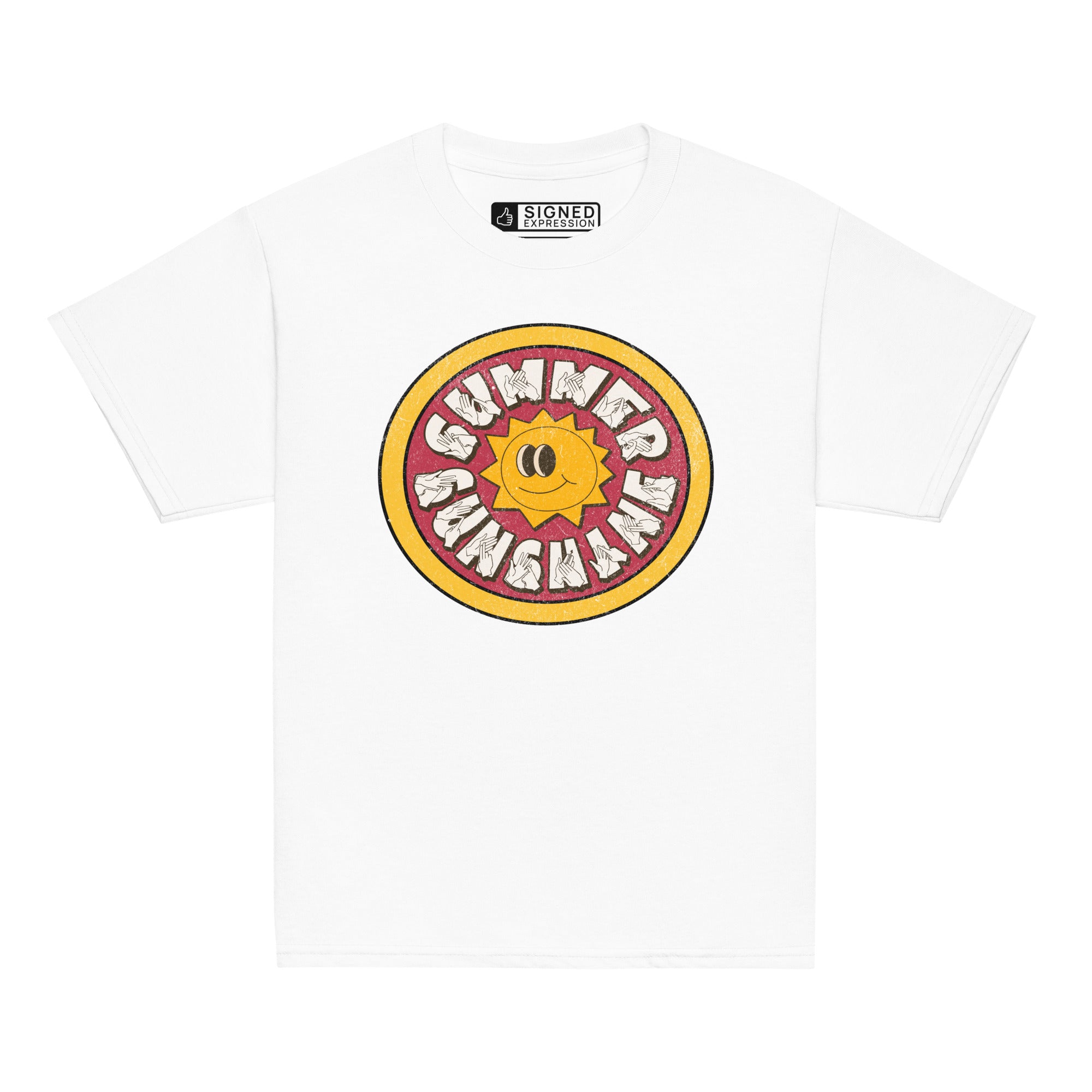 White t-shirt with a sun graphic and 'Summer Sunshine' text