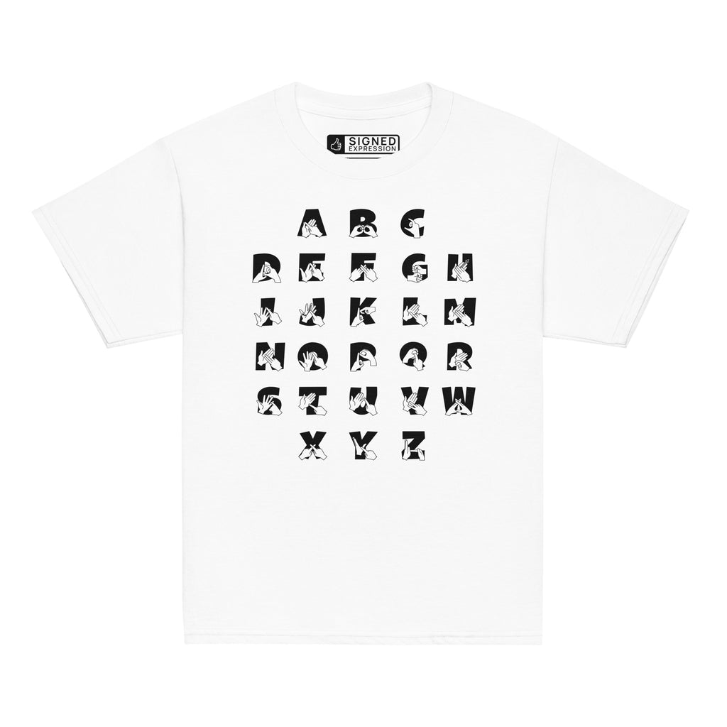 Front view of a white t-shirt with BSL Alphabet - Black Fingerspelling & Text
