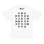 Front view of a white t-shirt with BSL Alphabet - Black Fingerspelling & Text