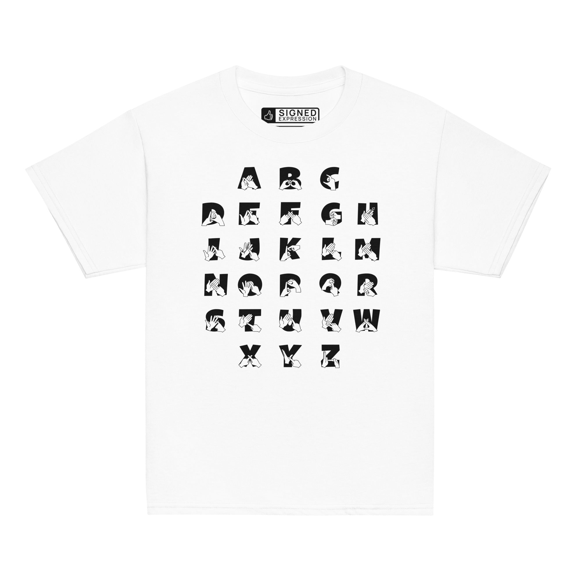 Front view of a white t-shirt with BSL Alphabet - Black Fingerspelling & Text