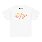 Front view of a white T-shirt featuring the phrase 'Always Be Kind' in a combination of BSL fingerspelling and text, accented with a delicate floral design.