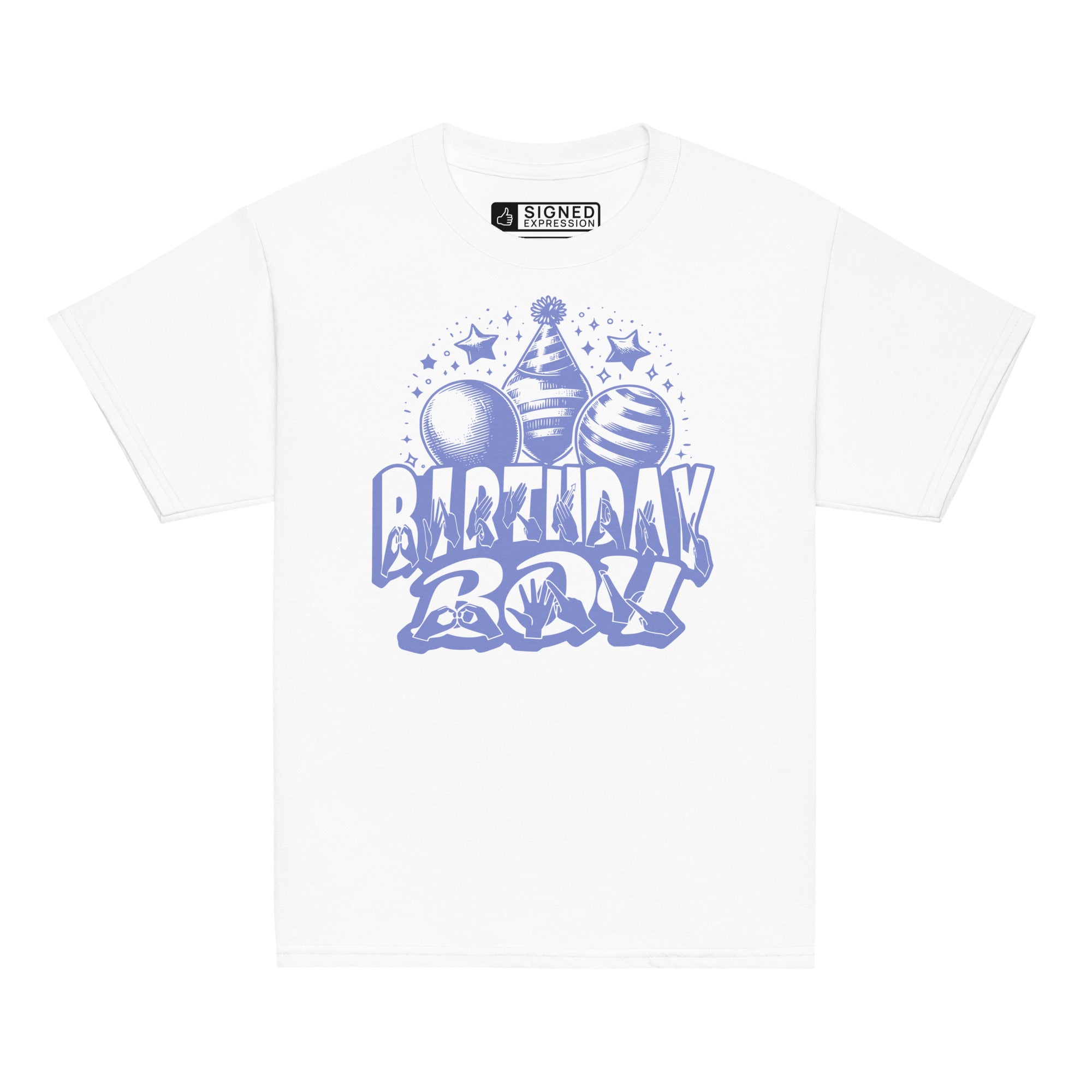 White kids' t-shirt with "Birthday Boy" in bold letters featuring British Sign Language fingerspelling, with blue balloons, stars, and a party hat above.