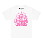 White kids' t-shirt with "Birthday Girl" in bold letters featuring British Sign Language fingerspelling, with pink balloons, stars, and a party hat above.