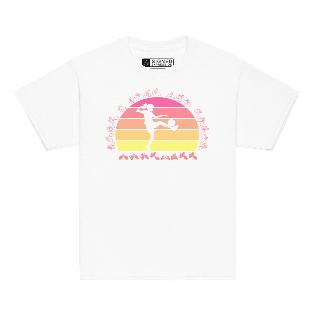White t-shirt with the phrase "Just a Girl Who Loves Football" in BSL Fingerspelling featuring a colourful retro sunset and a silhouette of a boy kicking a football.