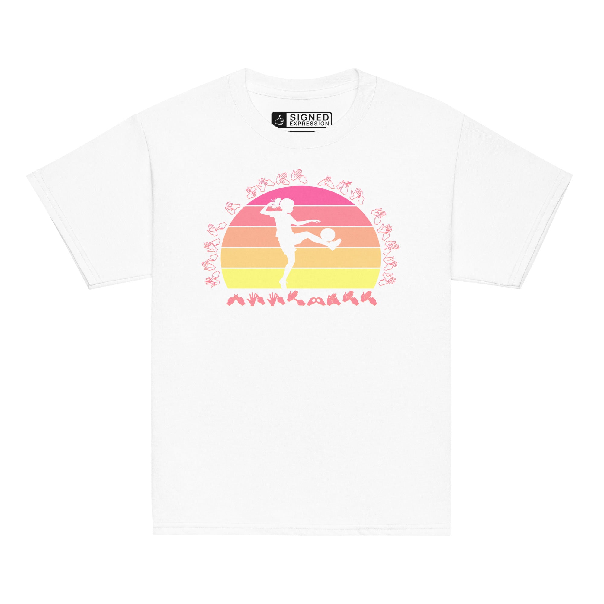 White t-shirt with the phrase "Just a Girl Who Loves Football" in BSL Fingerspelling featuring a colourful retro sunset and a silhouette of a boy kicking a football.