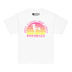 White t-shirt with the phrase "Just a Girl Who Loves Football" in BSL Fingerspelling and text featuring a colourful retro sunset and a silhouette of a boy kicking a football.