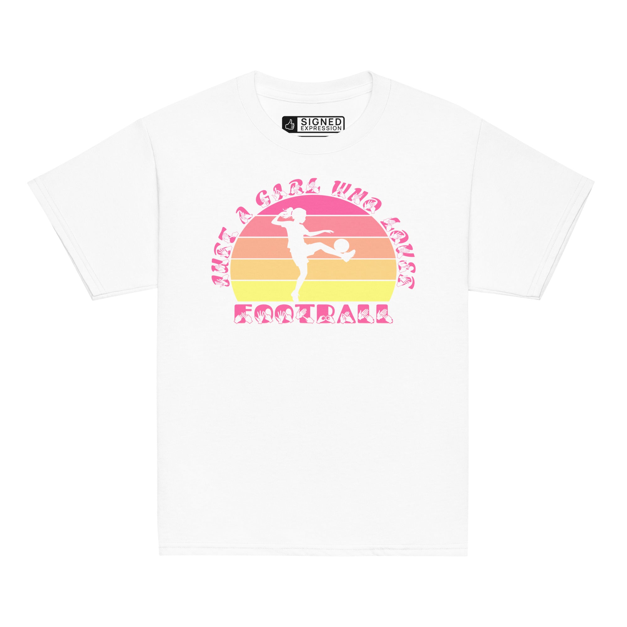 White t-shirt with the phrase "Just a Girl Who Loves Football" in BSL Fingerspelling and text featuring a colourful retro sunset and a silhouette of a boy kicking a football.