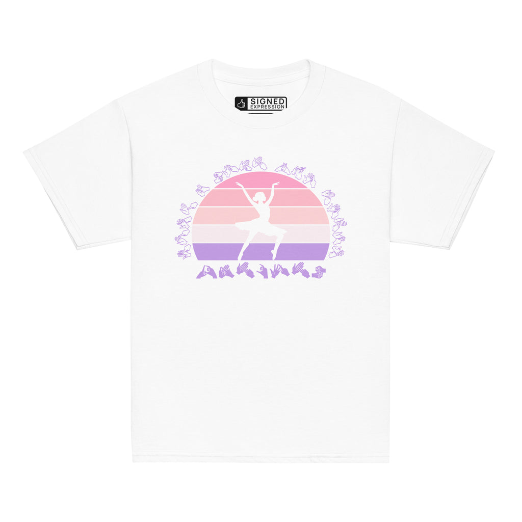 White t-shirt with the phrase "Just a Girl Who Loves Dancing" above a colourful retro sunset and a silhouette of a girl dancing in the centre