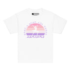 White t-shirt with the phrase "Just a Girl Who Loves Dancing" above a colourful retro sunset and a silhouette of a girl dancing in the centre