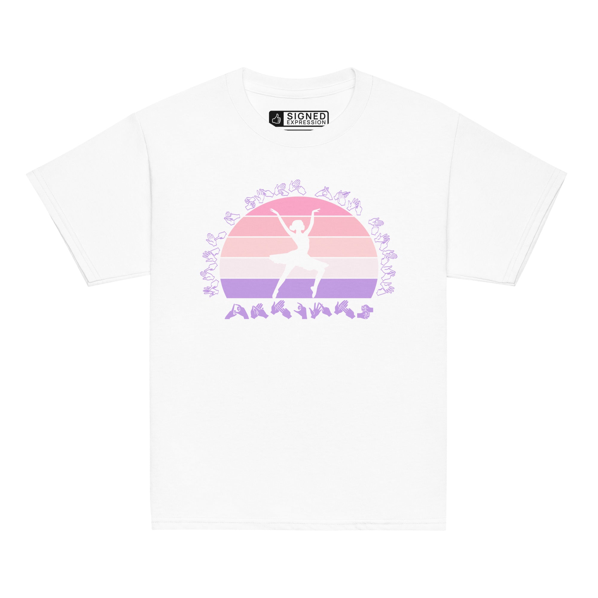 White t-shirt with the phrase "Just a Girl Who Loves Dancing" above a colourful retro sunset and a silhouette of a girl dancing in the centre