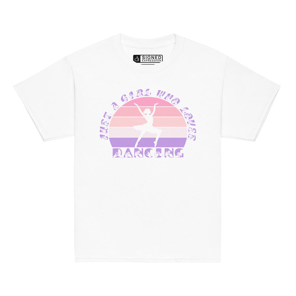 White t-shirt with the phrase "Just a Girl Who Loves Dancing" above a colourful retro sunset and a silhouette of a girl dancing in the centre