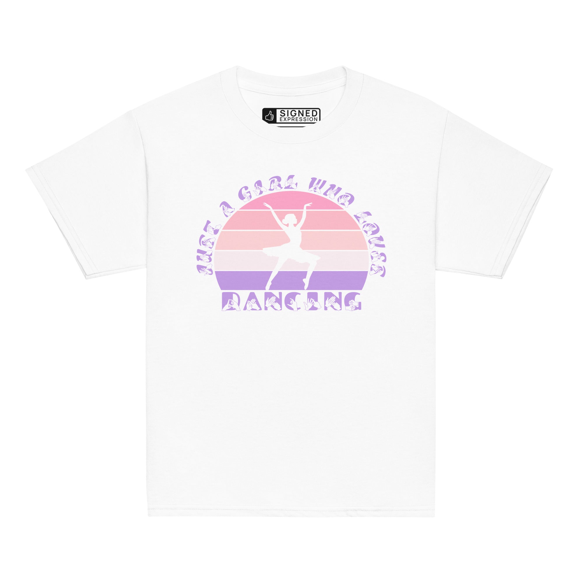 White t-shirt with the phrase "Just a Girl Who Loves Dancing" above a colourful retro sunset and a silhouette of a girl dancing in the centre