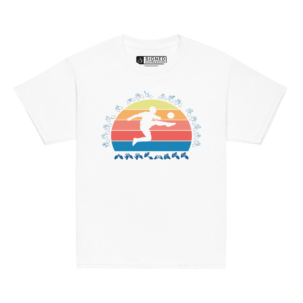 White t-shirt with the phrase "Just a Boy Who Loves Football" in BSL Fingerspelling  featuring a colourful retro sunset and a silhouette of a boy kicking a football.
