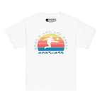 White t-shirt with the phrase "Just a Boy Who Loves Football" in BSL Fingerspelling  featuring a colourful retro sunset and a silhouette of a boy kicking a football.