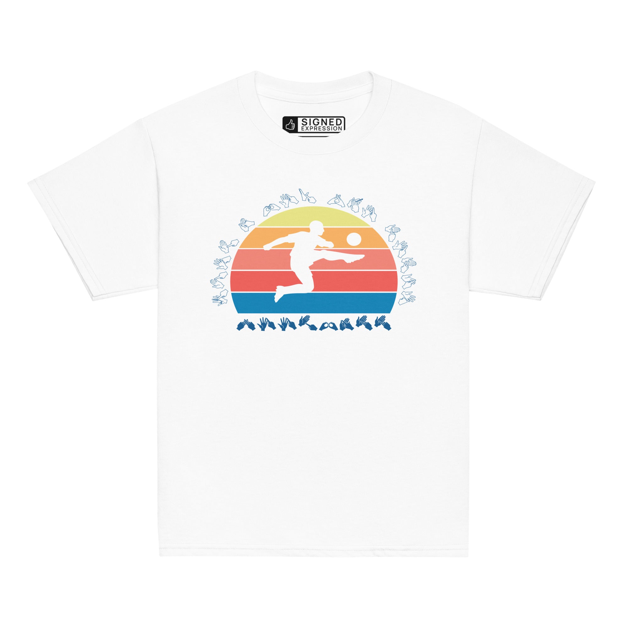 White t-shirt with the phrase "Just a Boy Who Loves Football" in BSL Fingerspelling  featuring a colourful retro sunset and a silhouette of a boy kicking a football.
