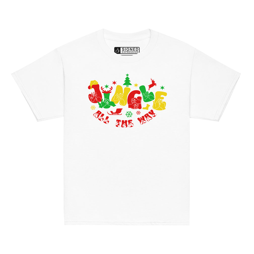 White coloured Jingle All The Way kids t-shirt with BSL design.
