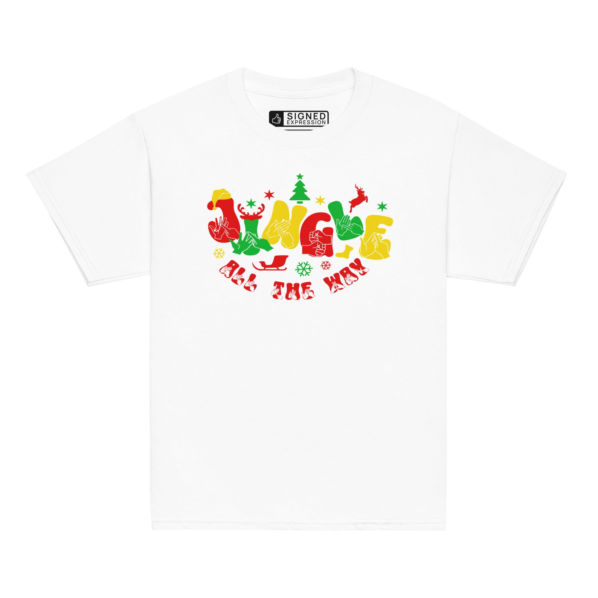 White coloured Jingle All The Way kids t-shirt with BSL design.