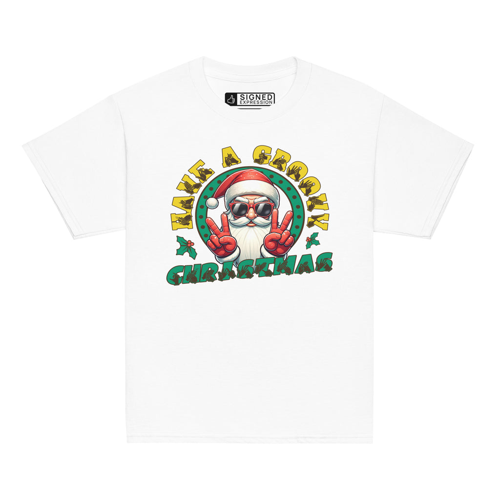 White coloured Have A Groovy Christmas kids t-shirt with BSL design.