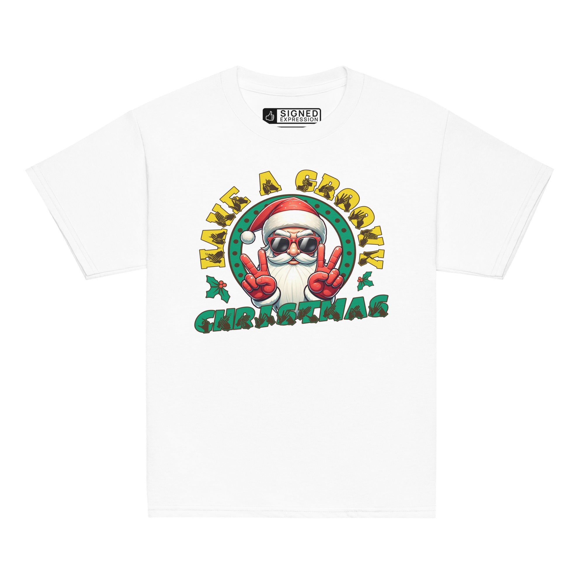 White coloured Have A Groovy Christmas kids t-shirt with BSL design.
