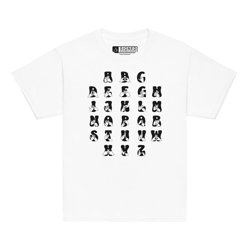 Front view of a white t-shirt with BSL Alphabet - Black Fingerspelling & Text