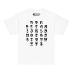Front view of a white t-shirt with BSL Alphabet - Black Fingerspelling & Text