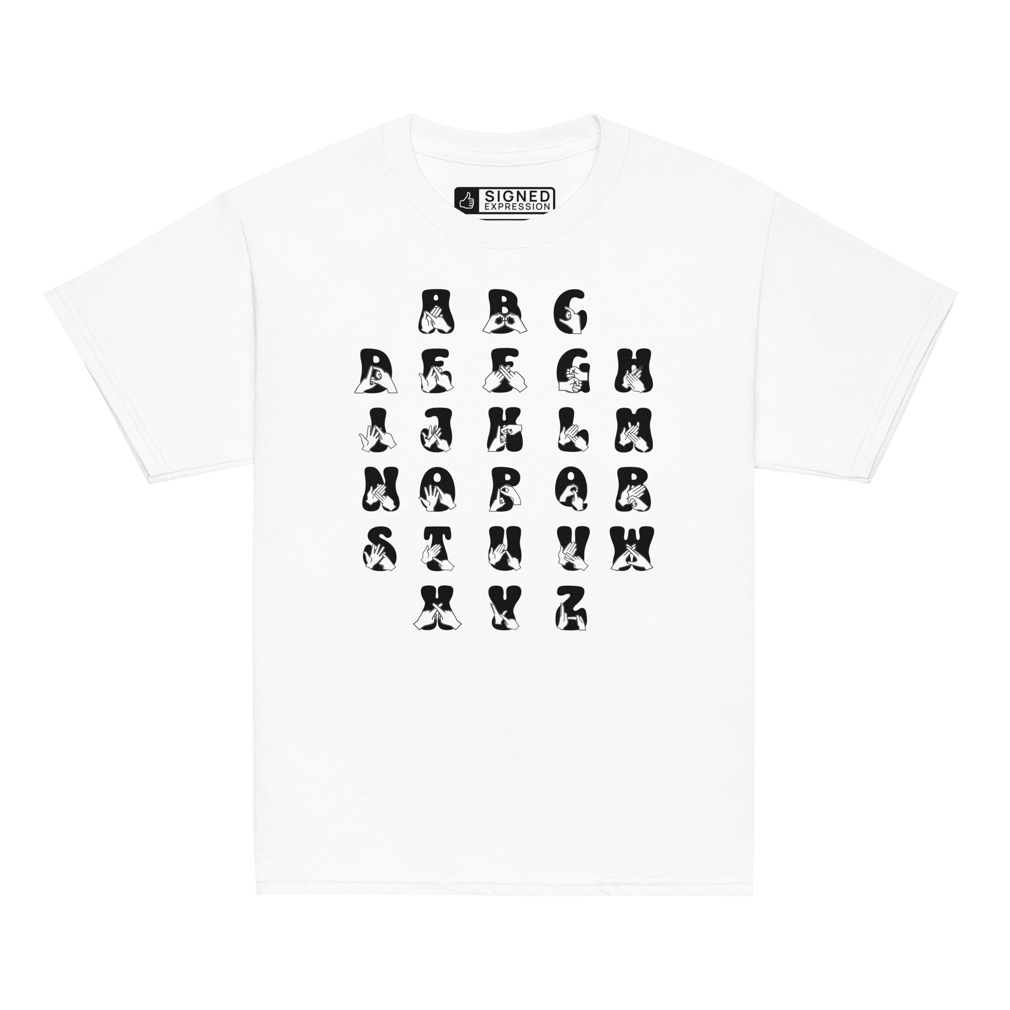 Front view of a white t-shirt with BSL Alphabet - Black Fingerspelling & Text