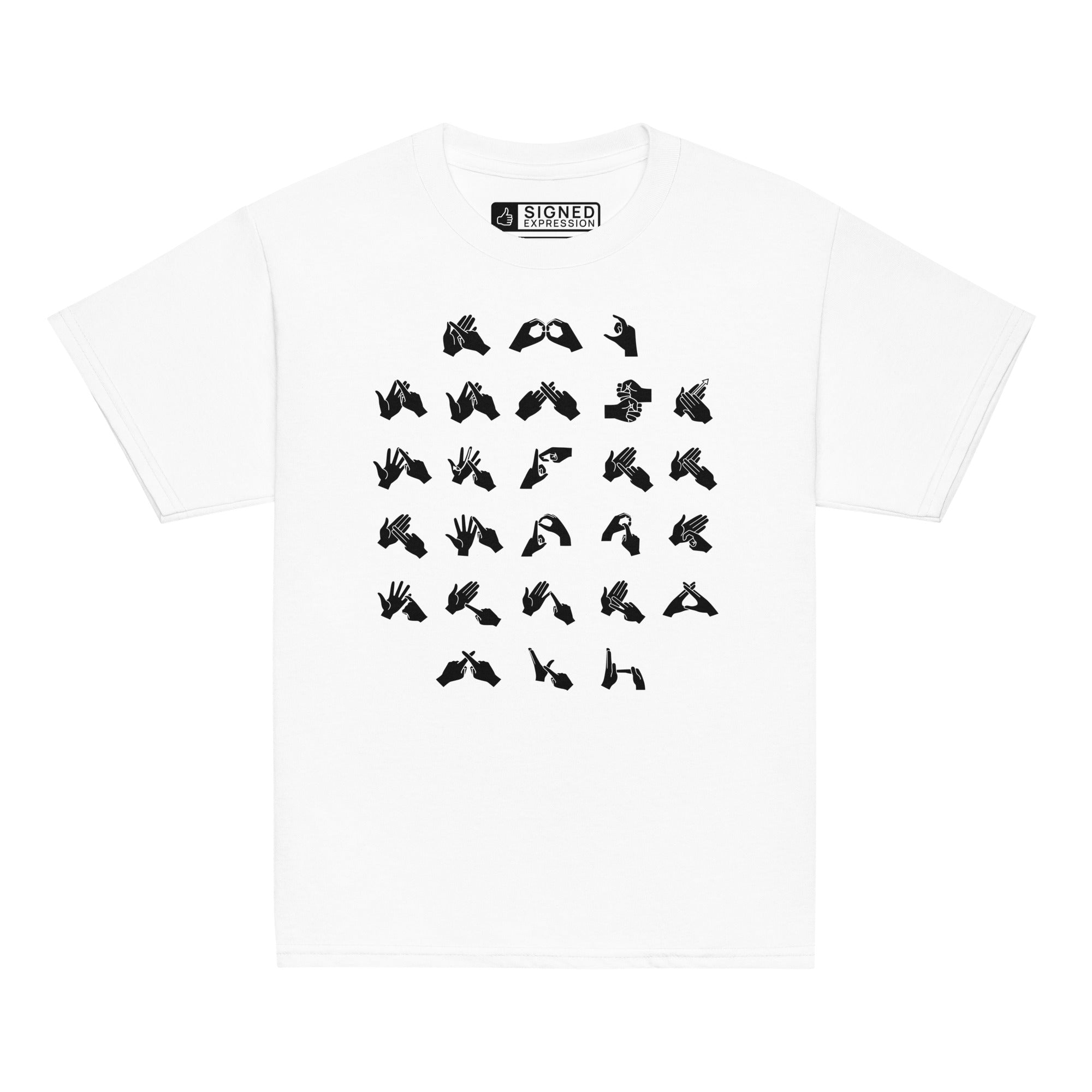 Front view of a white t-shirt with BSL Alphabet - Black Fingerspelling