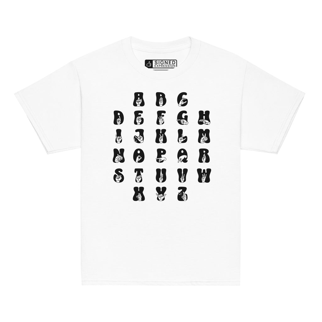 Front view of a white t-shirt with ASL Alphabet - Black Fingerspelling & Text