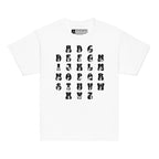 Front view of a white t-shirt with ASL Alphabet - Black Fingerspelling & Text