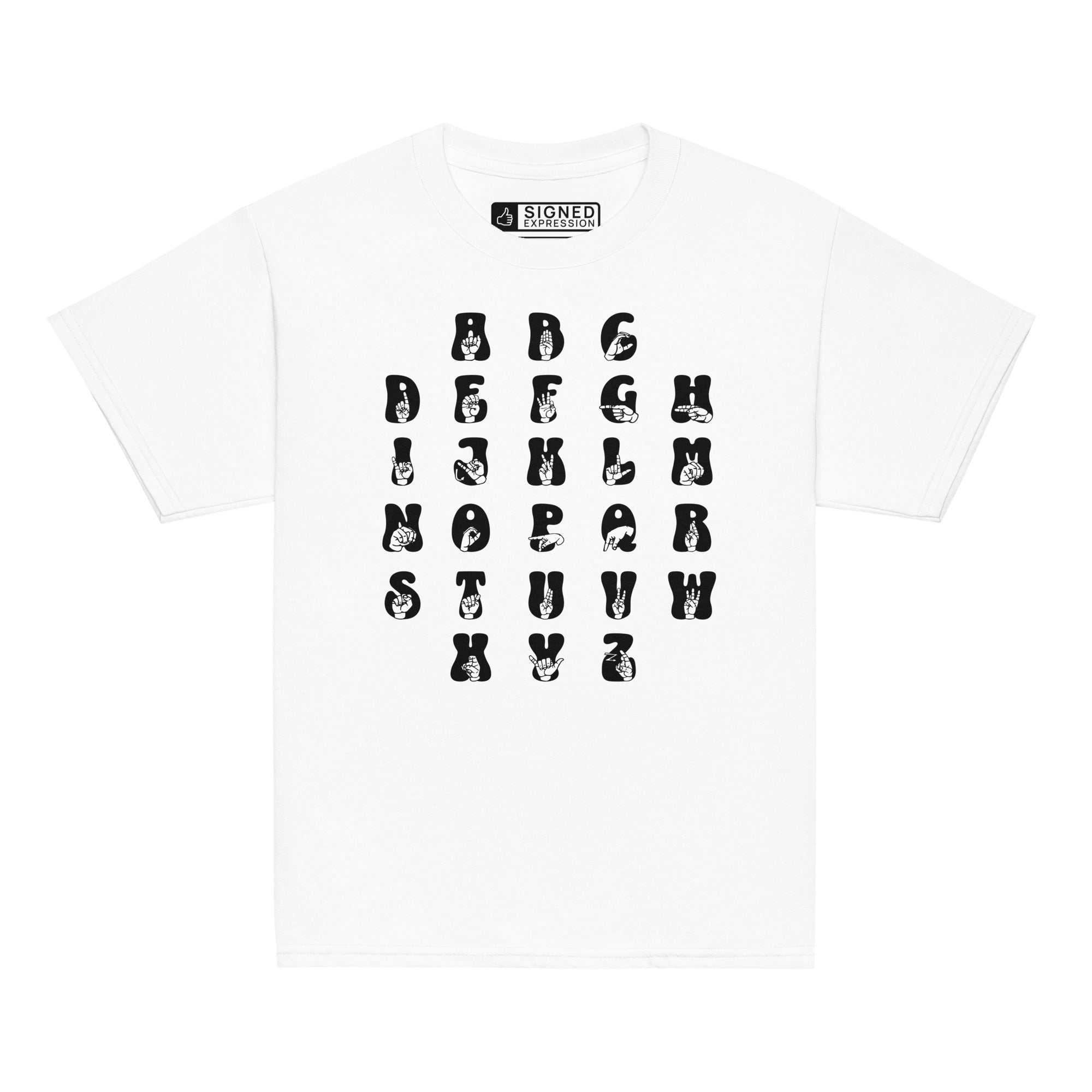 Front view of a white t-shirt with ASL Alphabet - Black Fingerspelling & Text